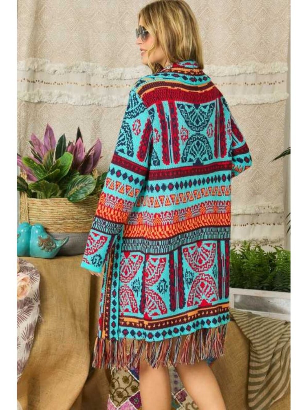 Adora Aqua Blue Boho Aztec Pattern Fringe Sweater Coat